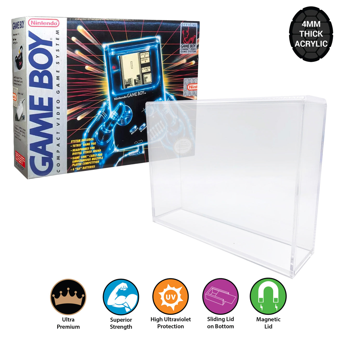 Acrylic Case for GAME BOY Video Game Console Box 4mm thick, UV & Slide Bottom on The Pop Protector Guide by Display Geek