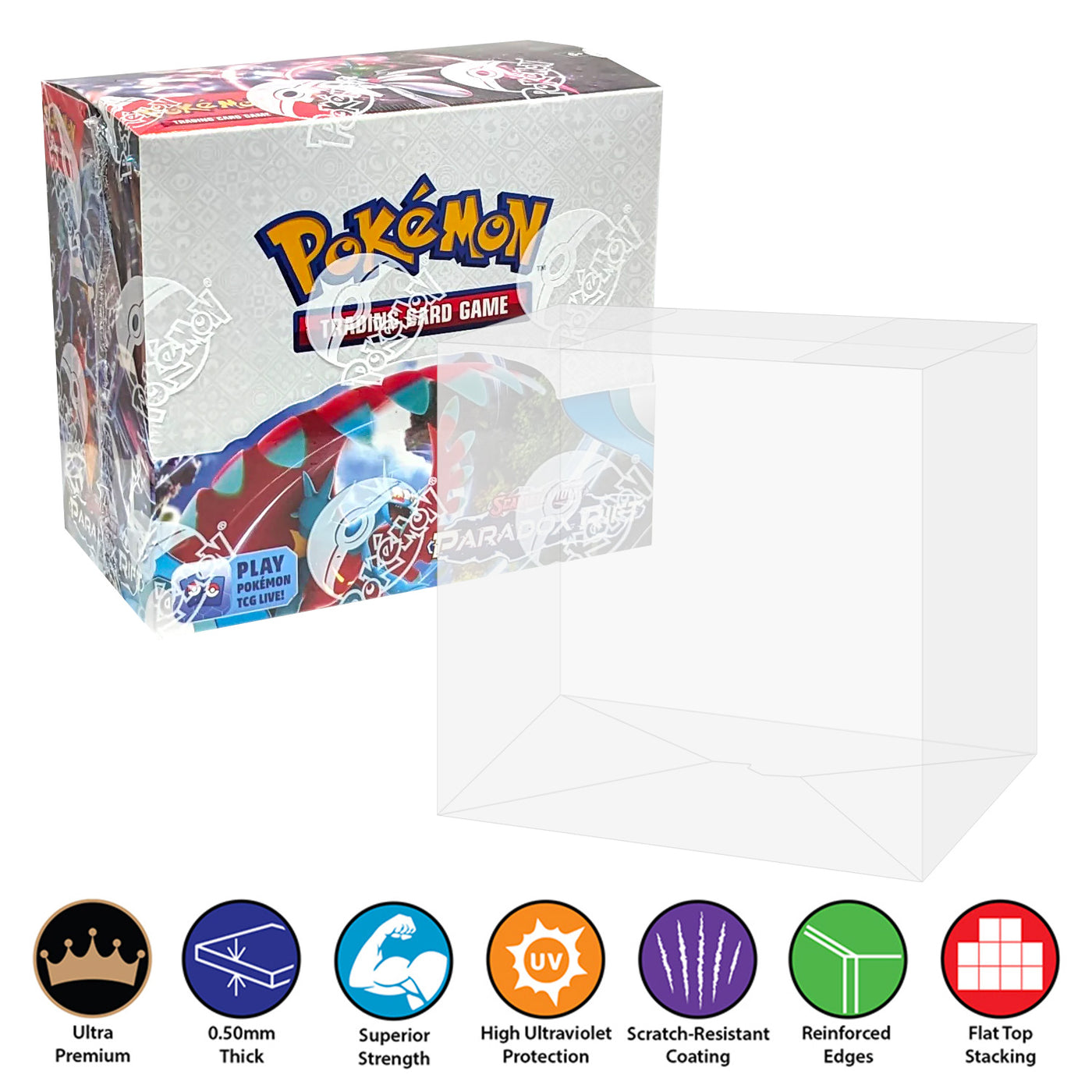 POKEMON TCG Booster Box Protectors (50mm thick, UV & Scratch Resistant) 4.75h X 5.25w X 3d on The Protector Guide App by Display Geek