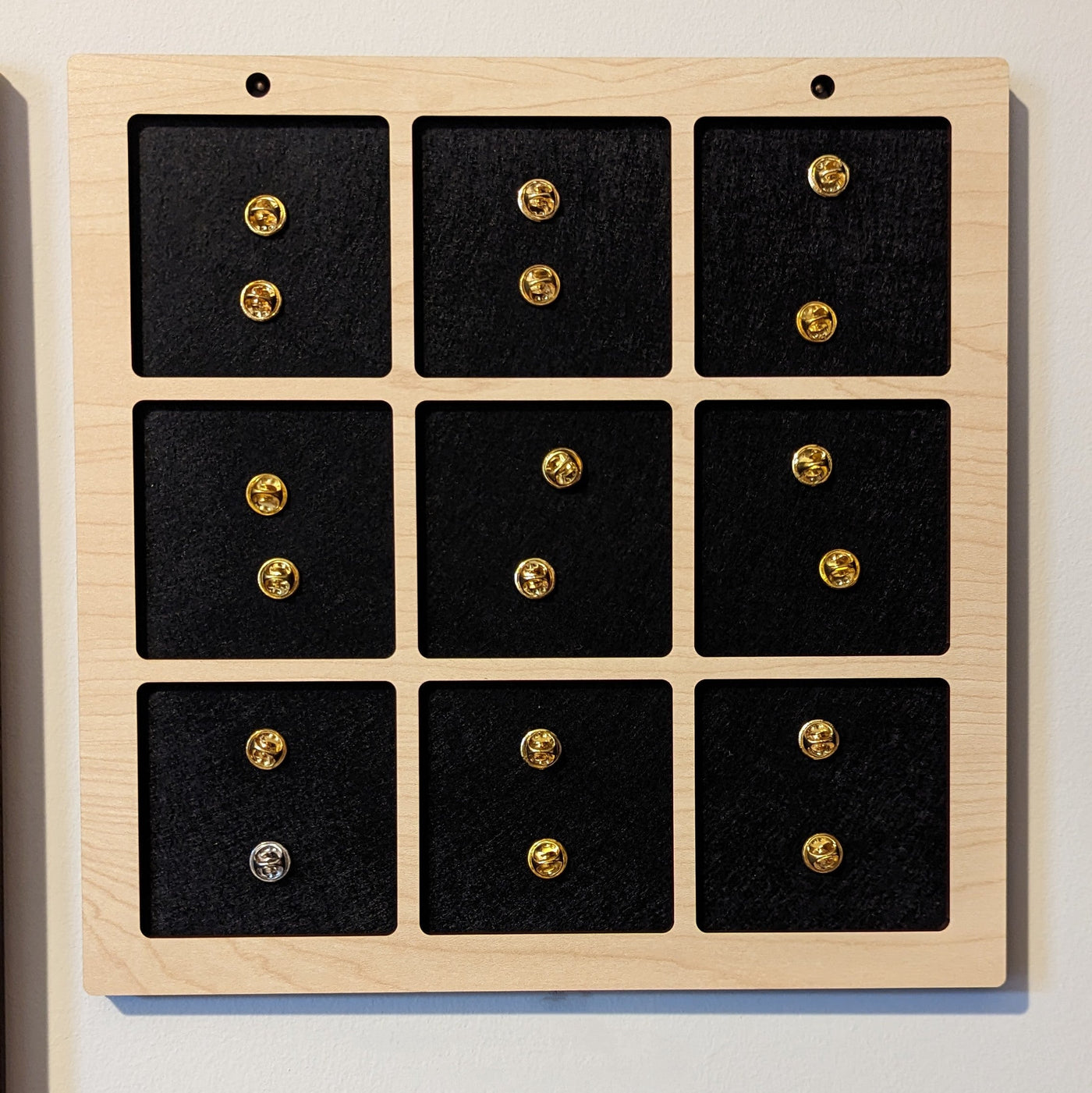 Enamel Pin Display (3" wide x 3" high Slots) Fits Standard Pins by Dragon Woodshop in partnership with Display Geek