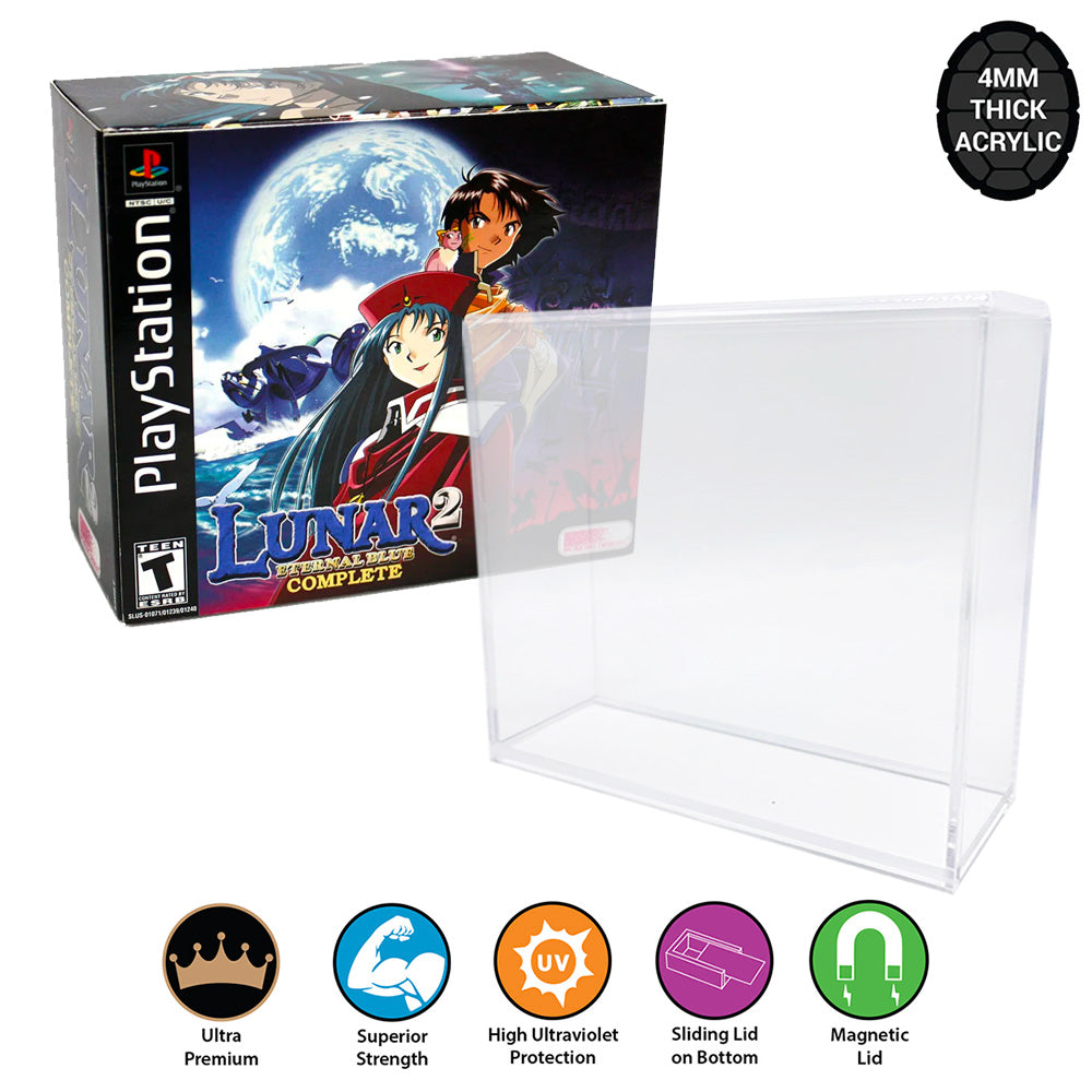 Acrylic Case for PS1 LUNAR 2 ETERNAL BLUE SE Video Game Box 4mm thick, UV & Slide Bottom on The Pop Protector Guide by Display Geek