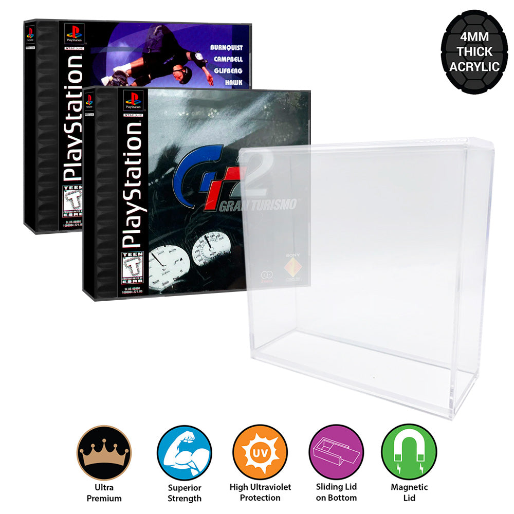 Acrylic Case for SINGLE DISC CD, PS1 Video Game Box 4mm thick, UV & Slide Bottom on The Pop Protector Guide by Display Geek