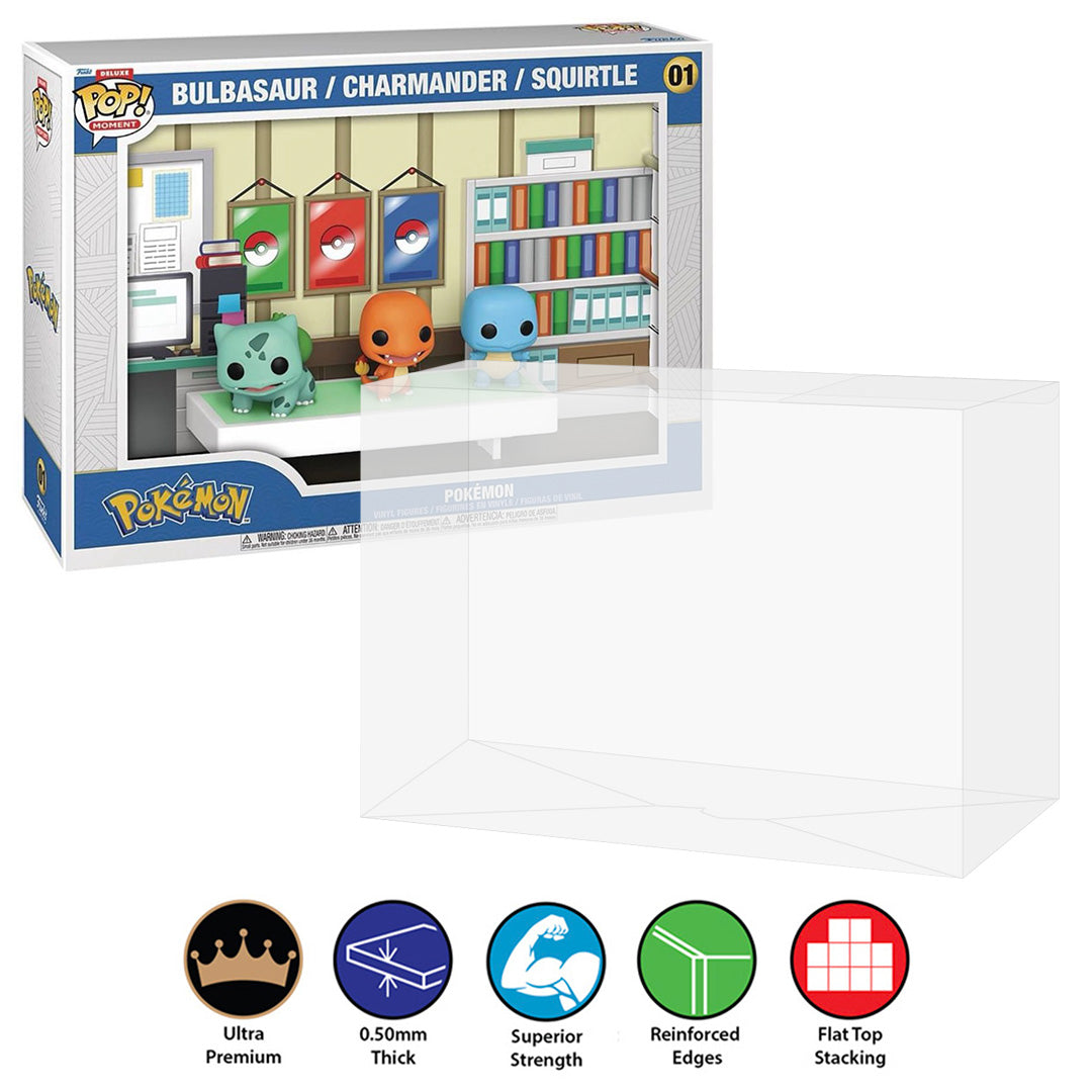 pop moment deluxe pokemon bulbasaur charmander squirtle 01 best funko pop protectors thick strong uv scratch flat top stack vinyl display geek plastic shield vaulted eco armor fits collect protect display case kollector protector