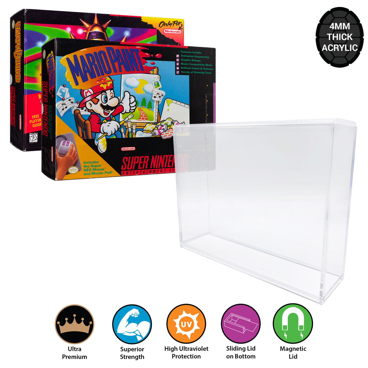 Acrylic Hard Case for SNES MARIO PAINT & EARTHBOUND Big Video Game Box 4mm thick, UV & Slide Bottom on The Pop Protector Guide by Display Geek