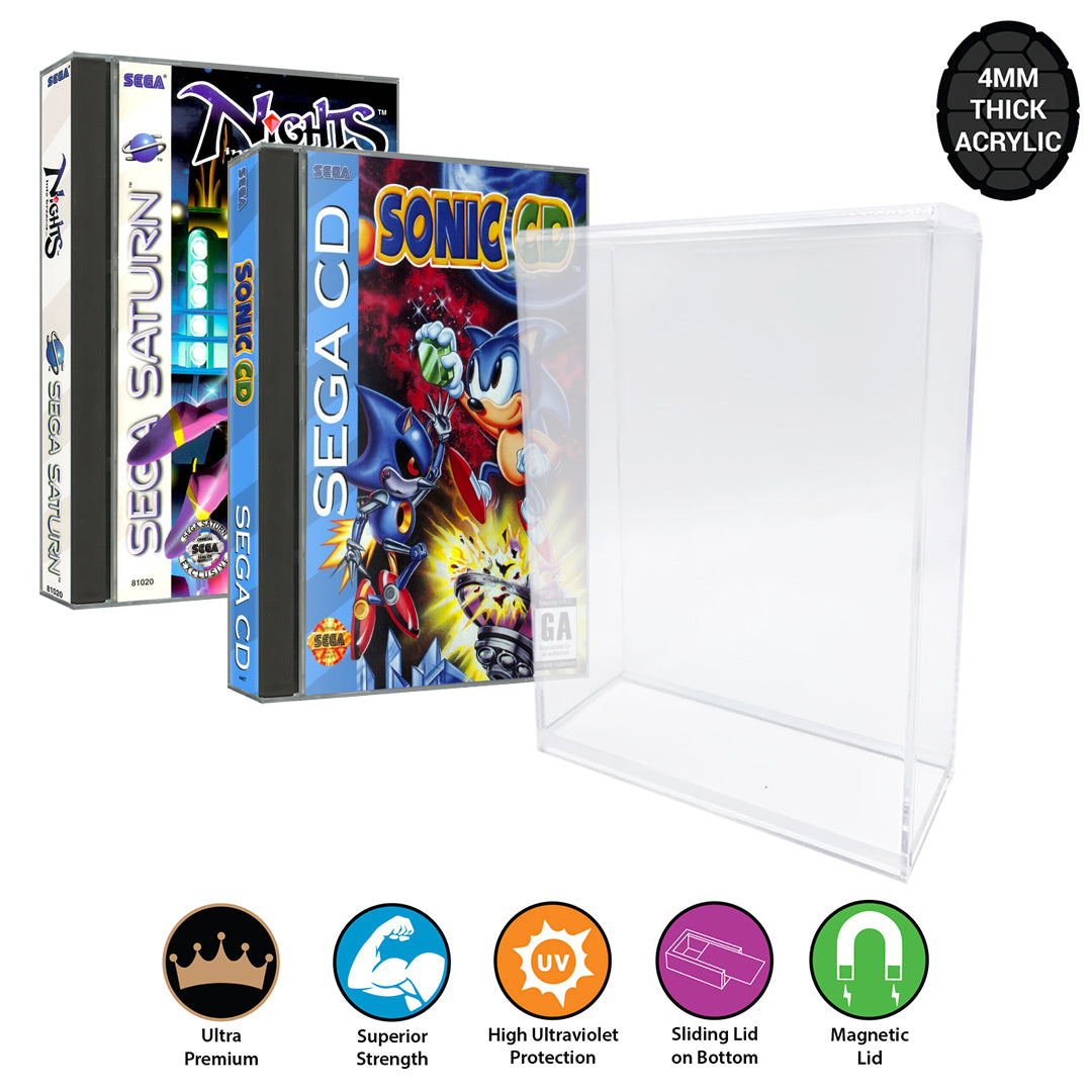 Acrylic Case for PS1, SEGA CD, SEGA SATURN Long Video Game Box 4mm thick, UV & Slide Bottom on The Pop Protector Guide by Display Geek