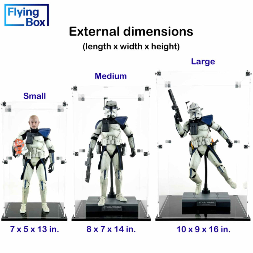 HOT TOYS Custom Acrylic Display Case for 1/6 Sixth Scale LARGE SIZE (15.7h x 9w x 8d) by Display Geek Flying Box 3mm thick dust and dirt protection