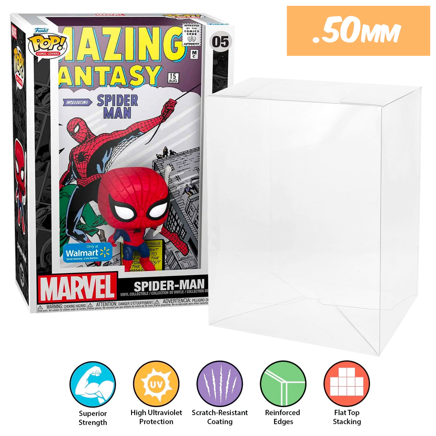 marvel spider-man amazing fantasy walmart pop comic covers best funko pop protectors thick strong uv scratch flat top stack vinyl display geek plastic shield vaulted eco armor fits collect protect display case kollector protector