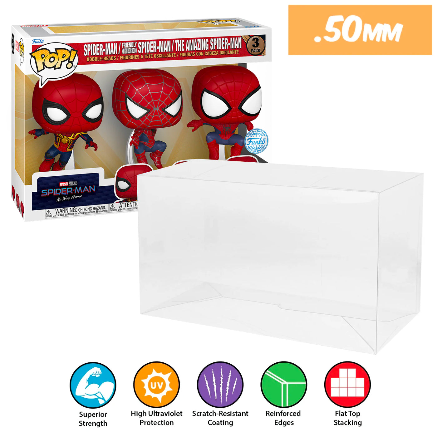 Spider-Man No Way Home 3 pack best funko pop protectors thick strong uv scratch flat top stack vinyl display geek plastic shield vaulted eco armor fits collect protect display case kollector protector