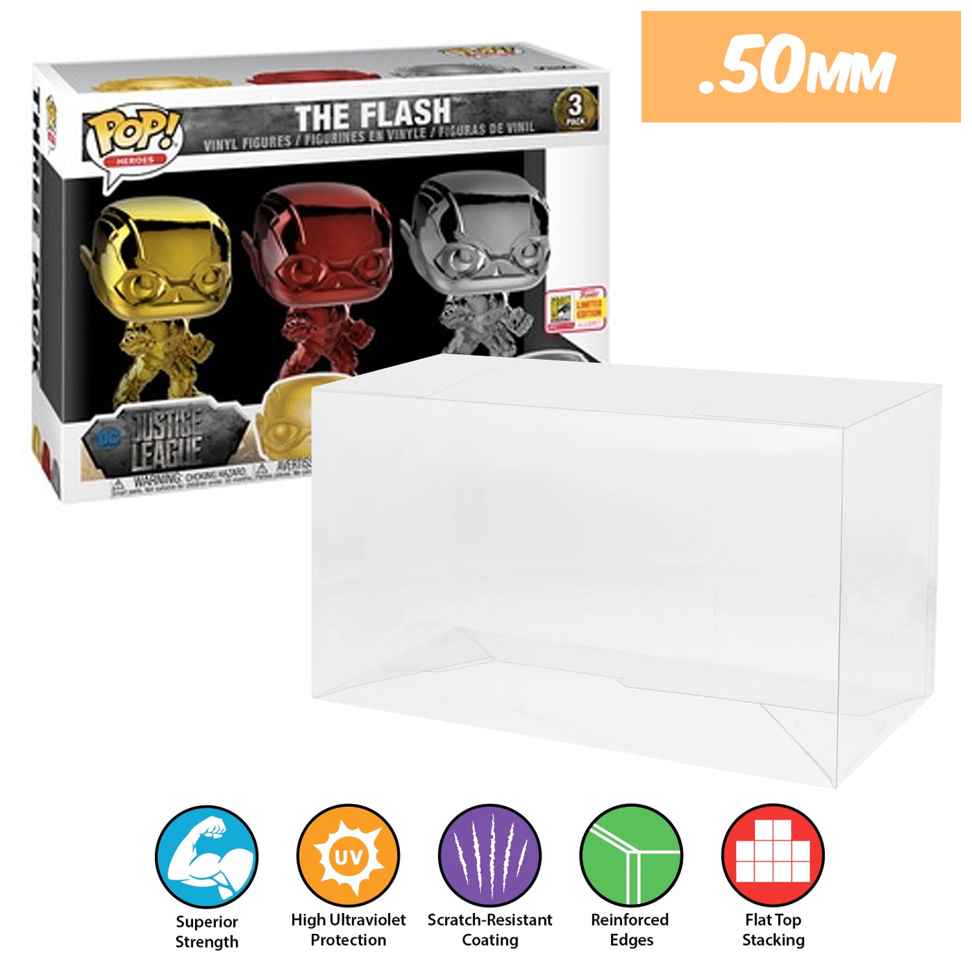 the flash chrome 3 pack best funko pop protectors thick strong uv scratch flat top stack vinyl display geek plastic shield vaulted eco armor fits collect protect display case kollector protector