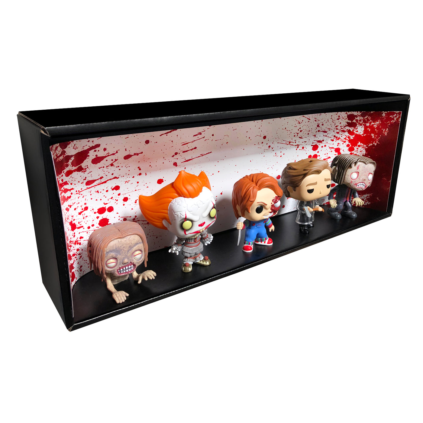 HORROR - Single Row Display Case with Backdrop Insert, Wall Mountable & Stackable Pop Shelf, Corrugated Cardboard