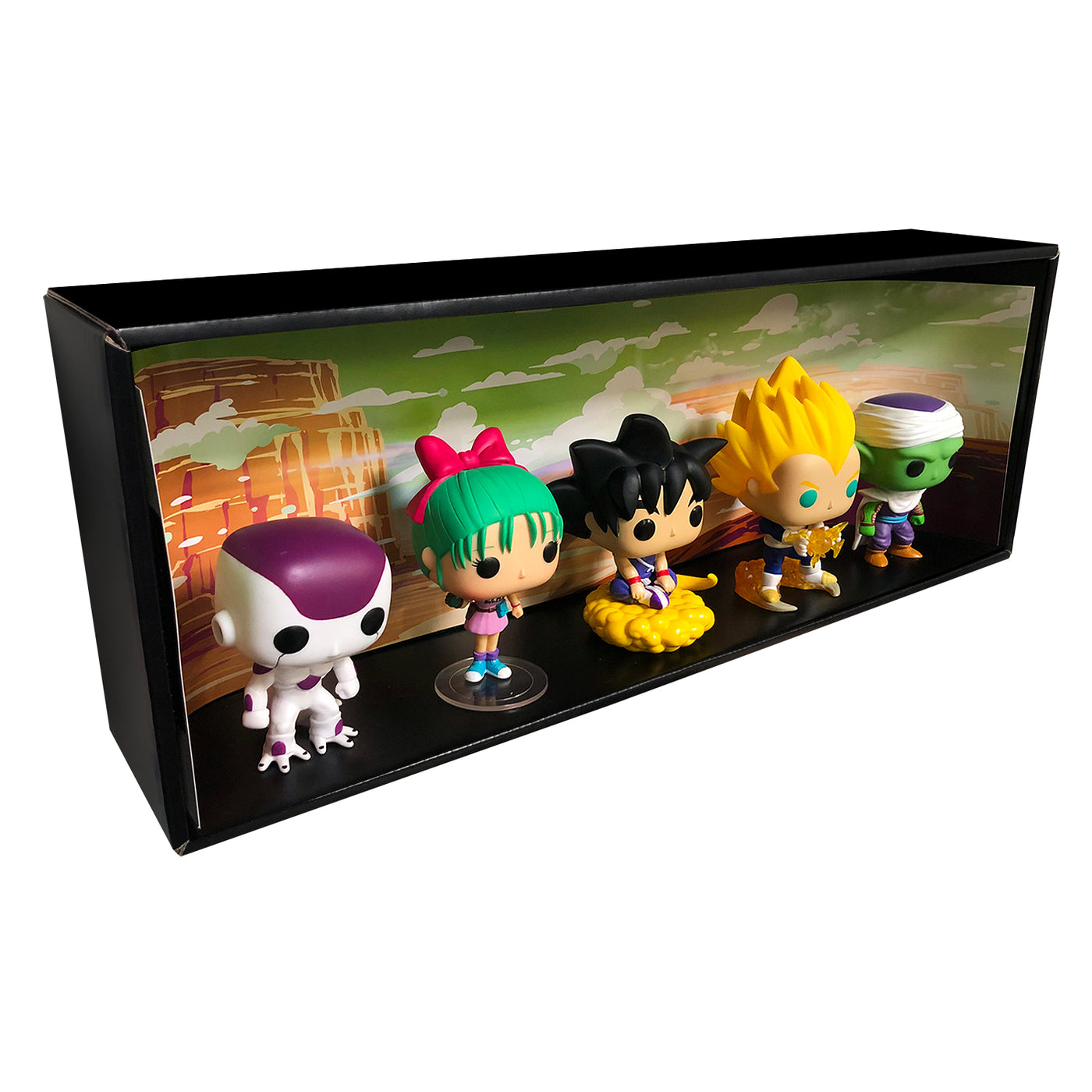 DRAGON BALL - Single Row Display Case with Backdrop Insert, Wall Mountable & Stackable Pop Shelf, Corrugated Cardboard