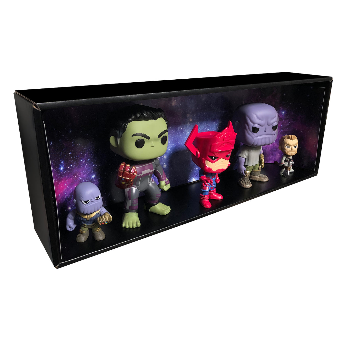GALAXY - Single Row Display Case with Backdrop Insert, Wall Mountable & Stackable Pop Shelf, Corrugated Cardboard
