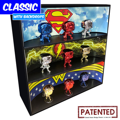**BACK IN STOCK MAY 13TH** DC COMICS - Display Case for Funko Pops with 3 Backdrop Inserts, Corrugated Cardboard - Display Geek