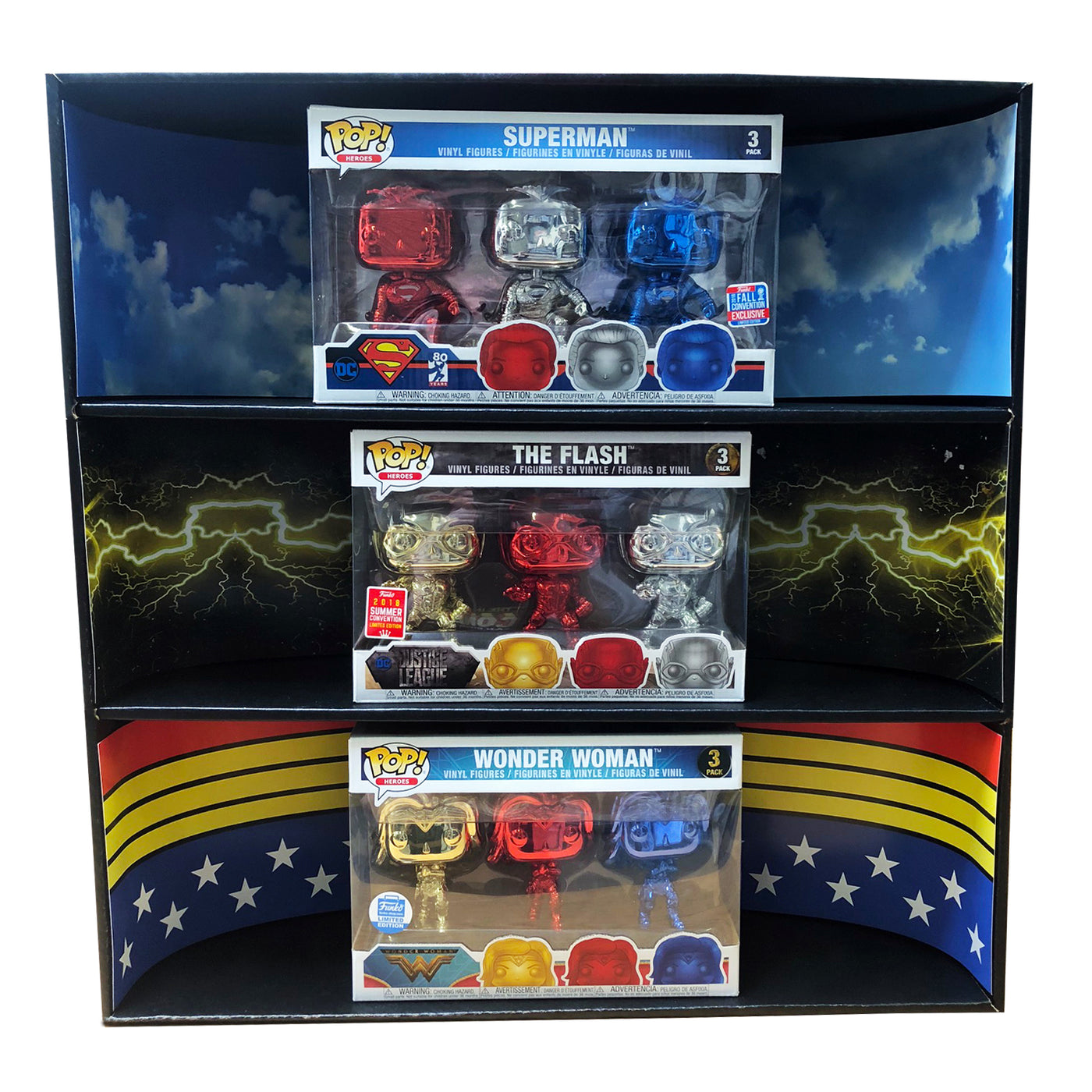 **BACK IN STOCK MAY 13TH** DC COMICS - Display Case for Funko Pops with 3 Backdrop Inserts, Corrugated Cardboard - Display Geek