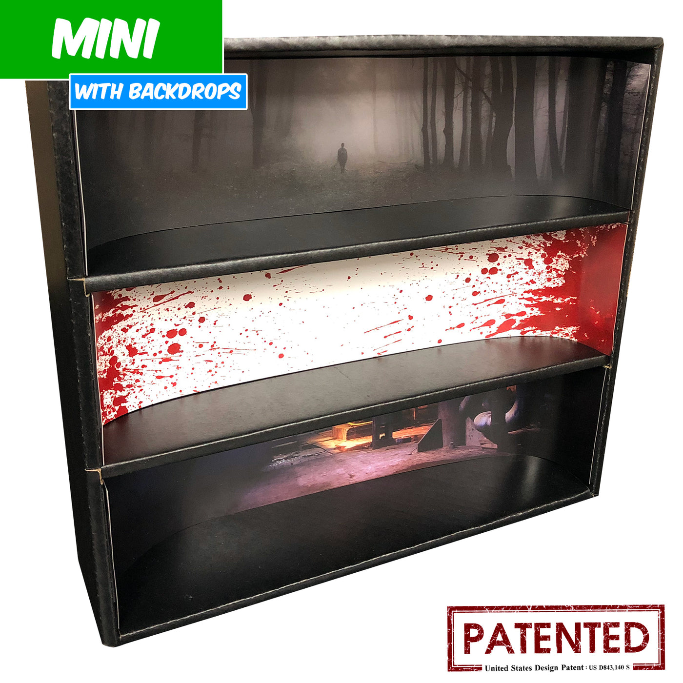 HORROR - MINI Display Case for Small Toys with 3 Backdrop Inserts, Corrugated Cardboard - Display Geek