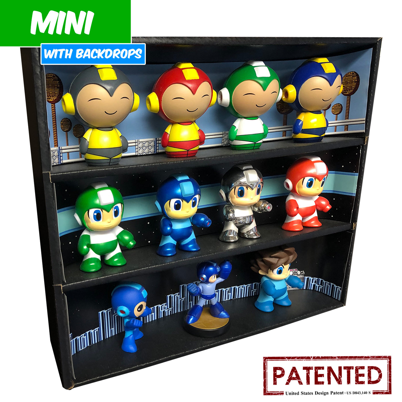 MEGA MAN - MINI Display Case for Small Toys with 3 Backdrop Inserts, Corrugated Cardboard - Display Geek