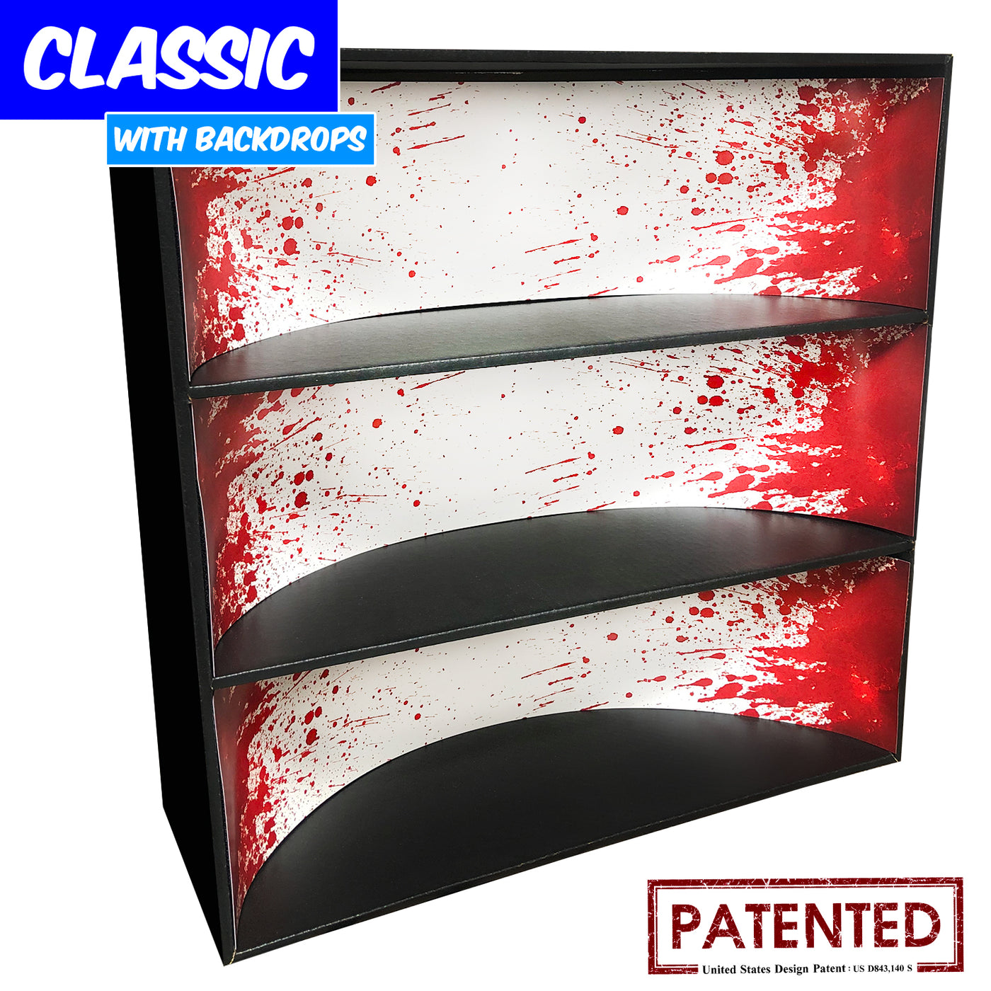 **BACK IN STOCK MAY 13TH** BLOODY - Display Case for Funko Pops with 3 Backdrop Inserts, Corrugated Cardboard - Display Geek