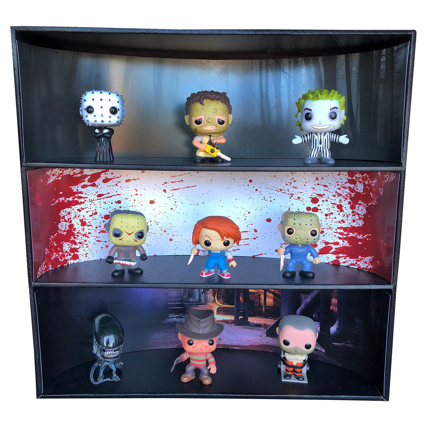 **BACK IN STOCK MAY 13TH** HORROR - Display Case for Funko Pops with 3 Backdrop Inserts, Corrugated Cardboard - Display Geek