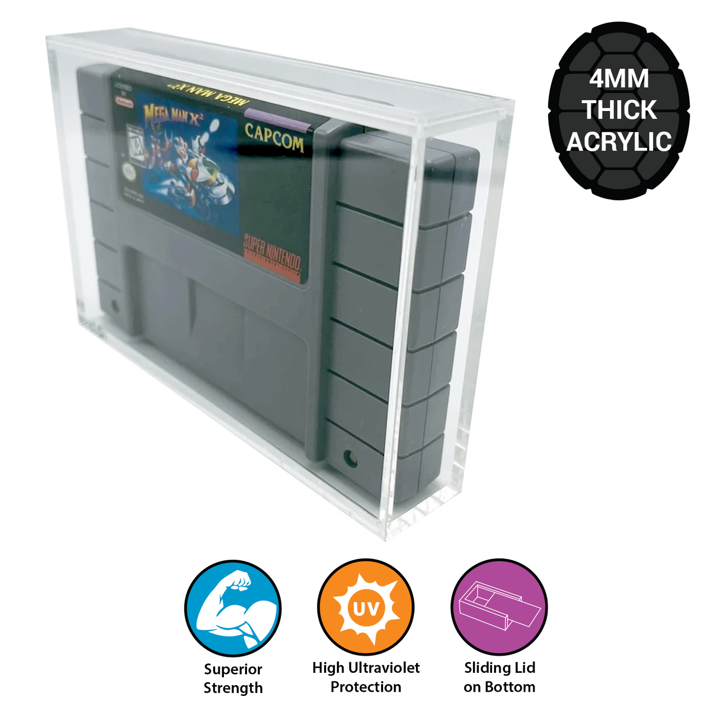 VIDEO GAME ACRYLIC Case for SNES Game Cartidge, 4mm thick (UV Resistant & Slide Bottom)