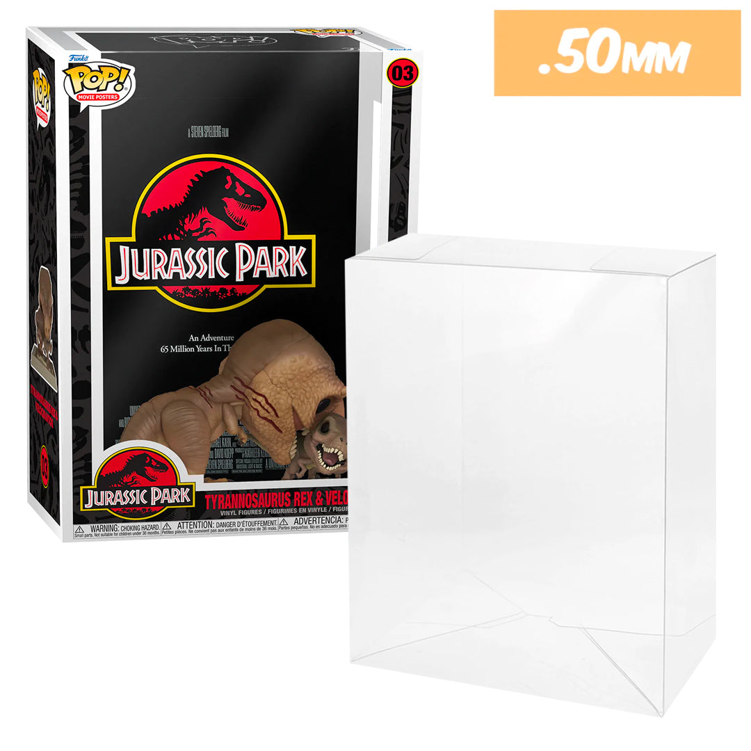 pop movie posters jurassic park tyrannosaurus rex and velociraptor  best funko pop protectors thick strong uv scratch flat top stack vinyl display geek plastic shield vaulted eco armor fits collect protect display case kollector protector