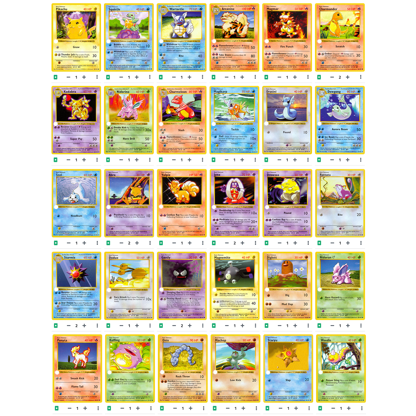 35 Shadowless Cards (Base Set) Pokemon Trading Card (MARKET VALUE $207)
